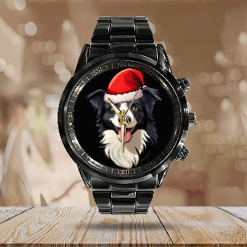 Discover Santa Hat Christmas Border Collie Calendar Steel Band Watch