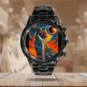 Discover Total Solar Eclipse Norwegian Elkhound Dog Calendar Steel Band Watch