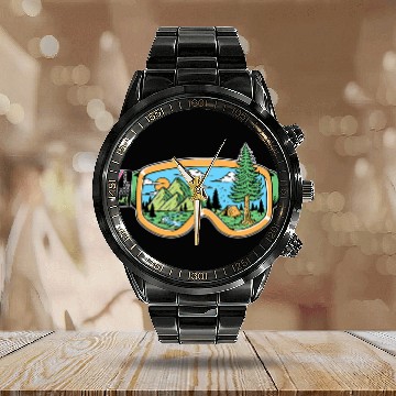 Discover Ski Goggles Pop Art Mountain Adventure Zip Calendar Steel Band Watch