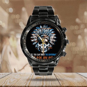 Discover Native American Trust The Government Skull Chief Baseball Tees Calendar Steel Band Watch