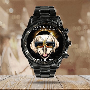 Discover Solar Eclipse 2024 Golden Retriever Dog Baseball Tees Calendar Steel Band Watch