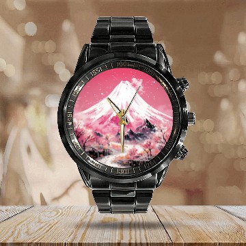 Discover Nihon Elegance Sakura Ballet Amidst Ethereal Mountain Peaks Calendar Steel Band Watch