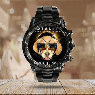 Discover Solar Eclipse 2024 Labrador Dog Wearing Glasses Zip Calendar Steel Band Watch
