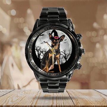 Discover Scary Miniature Pinscher Dog Witch Hat Halloween Baseball Tees Calendar Steel Band Watch