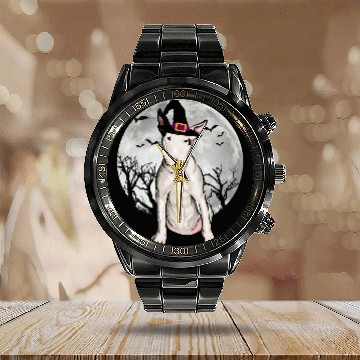 Discover Scary Bull Terrier Dog Witch Hat Halloween Calendar Steel Band Watch
