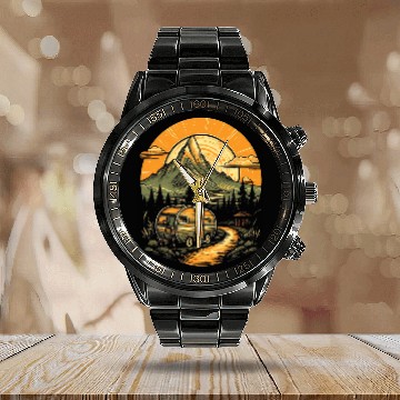 Discover Teardrop Trailer RV Camping Camper Tiny House Mountain 3 Zip Calendar Steel Band Watch