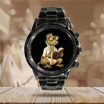 Discover Lizard Reading Book Funny Bookworm Reader Read Librarian 23 Calendar Steel Band Watch