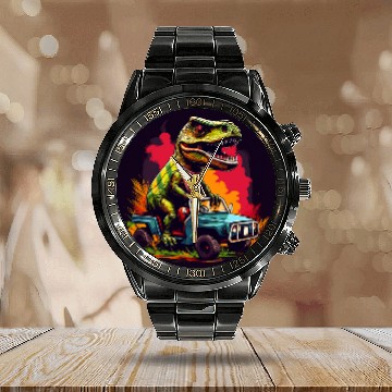 Discover T Rexs Dinosaur Driving A Car Zip Calendar Steel Band Watch