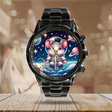 Discover Kawaii Mouse in Space Cute Astronaut Mouse Baseball Tees Calendar Steel Band Watch