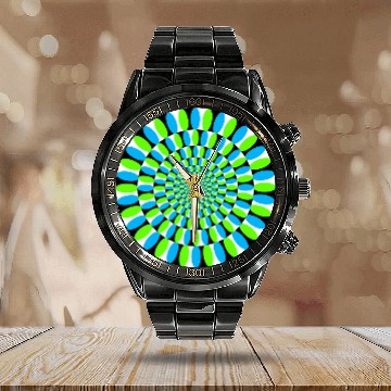 Discover Retro Trippy Optical Illusion Colorful Art Pattern teal Calendar Steel Band Watch