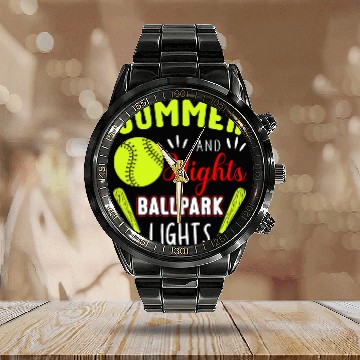 Discover Summer Nights Ballpark Lights Softball Calendar Steel Band Watch