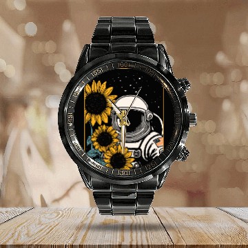 Discover Space Explorer Sunflowers Astronaut Calendar Steel Band Watch