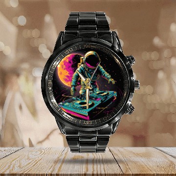 Discover Space Groove Astronaut DJ DJing in Space EDM Graphic 2 Calendar Steel Band Watch
