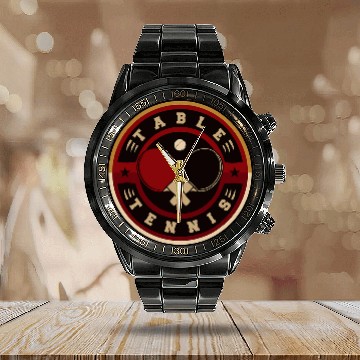 Discover Table Tennis Champion Bat Ping Pong Paddle Topspin Zip Calendar Steel Band Watch