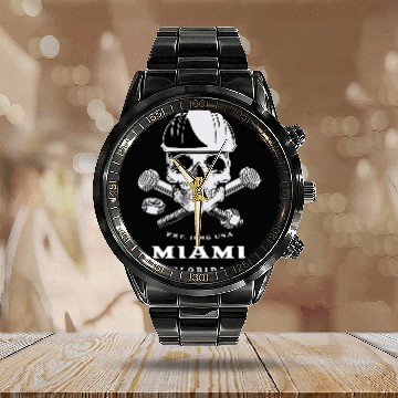 Discover Retro Cool Miami Florida Mechanic Skull and Bolts Novelty Calendar Steel Band Watch