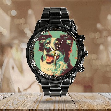 Discover Rustic Border Collie Farm Dog Calendar Steel Band Watch