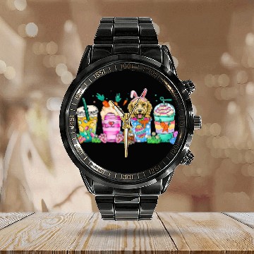 Discover Poodle Dog Coffee Lover Easter eggs Easter Bunny Zip Calendar Steel Band Watch
