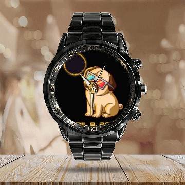 Discover Total Solar Eclipse April 8 2024 Totality Dog Pug Zip Calendar Steel Band Watch