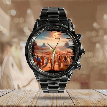 Discover Native American Southwest Solar Eclipse American Retro Zip Calendar Steel Band Watch