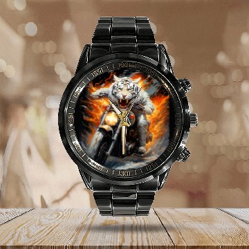 Discover Tiger Biker Motorcycle Rider Beast Zip Calendar Steel Band Watch