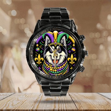 Discover Mardi Gras Norwegian Elkhound Dog Jester Calendar Steel Band Watch