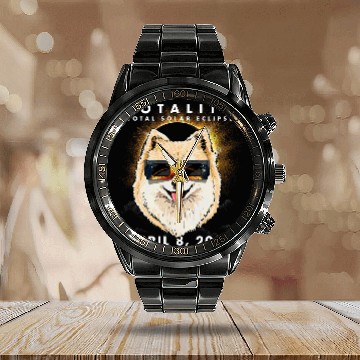Discover Solar Eclipse 2024 Pomeranian Dog Wearing Glasses Calendar Steel Band Watch