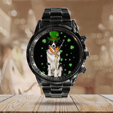 Discover St Patricks Day Border Collie Dog Shamrock Gift Calendar Steel Band Watch