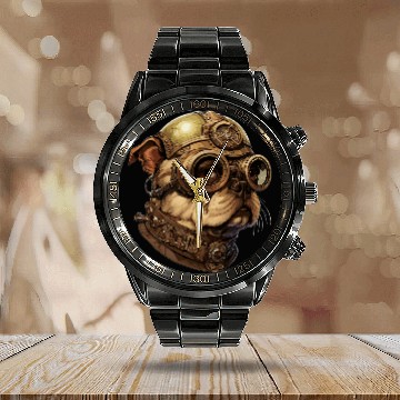 Discover Steampunk Pug 1 Calendar Steel Band Watch