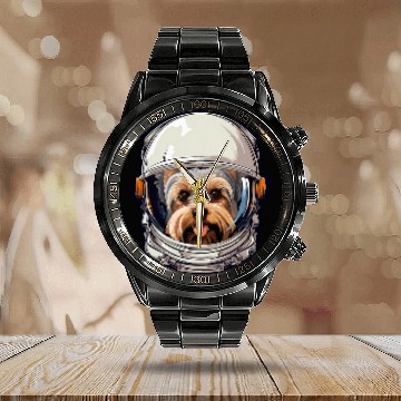 Discover Space Astronaut Yorkshire Terrier Zip Calendar Steel Band Watch
