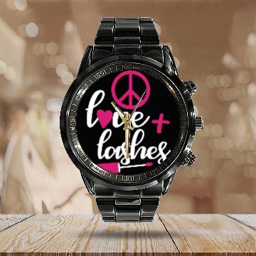 Discover Peace love and lashes Calendar Steel Band Watch