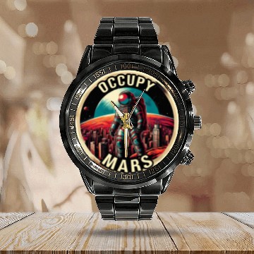 Discover Occupy Mars Retro Futuristic Astronaut on Mars Colony Calendar Steel Band Watch