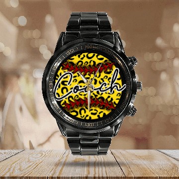 Discover Leopard Cheetah Softball Coachs Womens Trendy Calendar Steel Band Watch