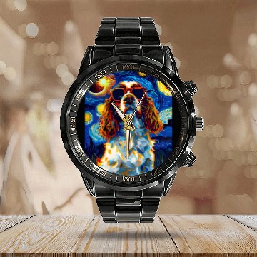 Discover Total Solar Eclipse English Springer Spaniel Dog Calendar Steel Band Watch