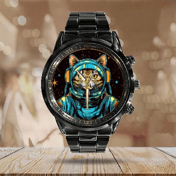 Discover Space Cat Funny Galaxy Astronaut Cats Cosmic Kitten Zip Calendar Steel Band Watch