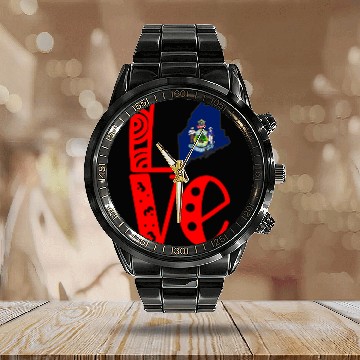 Discover Love Maine in Art Block Letters Calendar Steel Band Watch