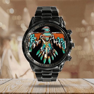 Discover western boho cowhide turquoise native american thunderbird Calendar Steel Band Watch