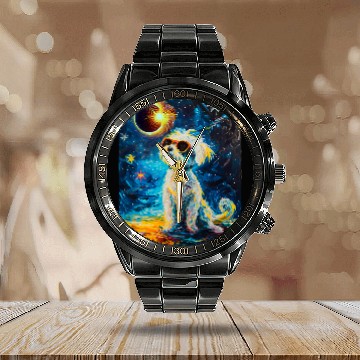 Discover Total Solar Eclipse Maltese Dog Calendar Steel Band Watch