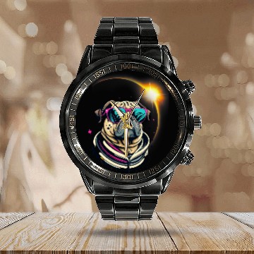 Discover Pug Dog America 2024 Solar Eclipse Totality Accessories Calendar Steel Band Watch