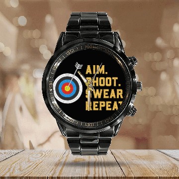 Discover vintages Archery targets Marksman Funny Aim Shoot Swear Repeat Baseball Tees Calendar Steel Band Watch