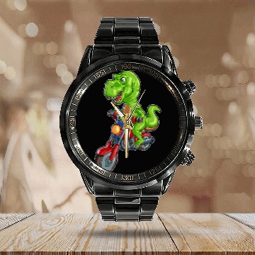 Discover TRexs Riding Motorcycle 2Funny Dinosaur TRexs Biker Calendar Steel Band Watch