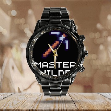 Discover Master Builder Funny Video Game Pickaxe Pixel Art Gamer Calendar Steel Band Watch