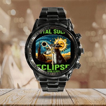 Discover Van Gogh Starry Night dog Greyhound Total Solar Eclipse Calendar Steel Band Watch