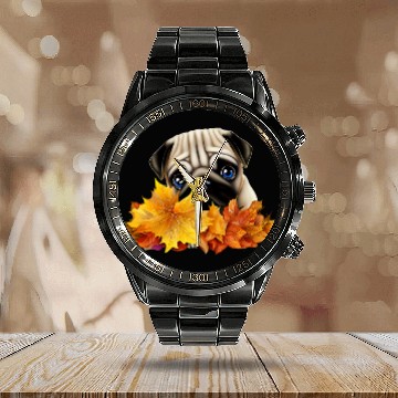 Discover Pug in Autumn Leaves Calendar Steel Band Watch