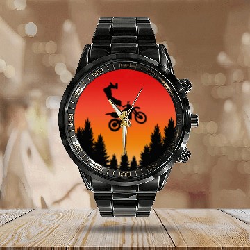 Discover Motorcyclist and Retro Sunset Calendar Steel Band Watch