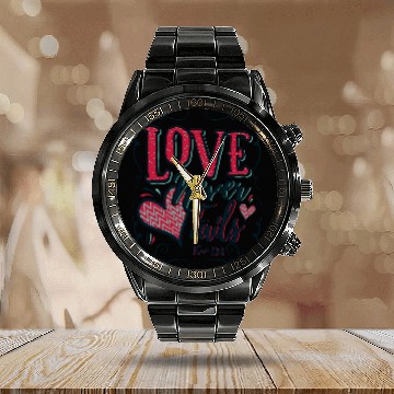 Discover Love never fails Christian Baseball Tees Calendar Steel Band Watch