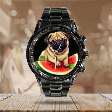 Discover Pug with Red Watermelon Summer Fruit Canine Design Baseball Tees Calendar Steel Band Watch