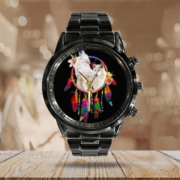 Discover wolfs Dreamcatcher Native American Feather Calendar Steel Band Watch