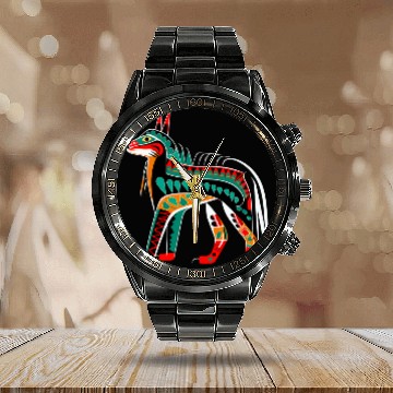 Discover wolfs in Pacific Northwest Coast Native American Tribal Style Calendar Steel Band Watch