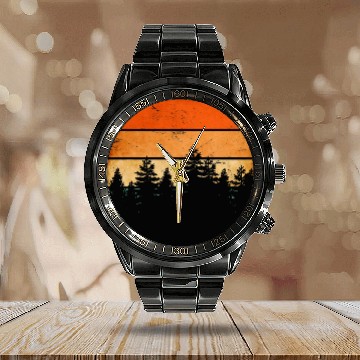 Discover Pretty retro sunset powerful forest trees Calendar Steel Band Watch