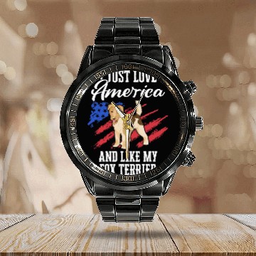 Discover Wirehaired Fox Terrier dog USA Flag Calendar Steel Band Watch